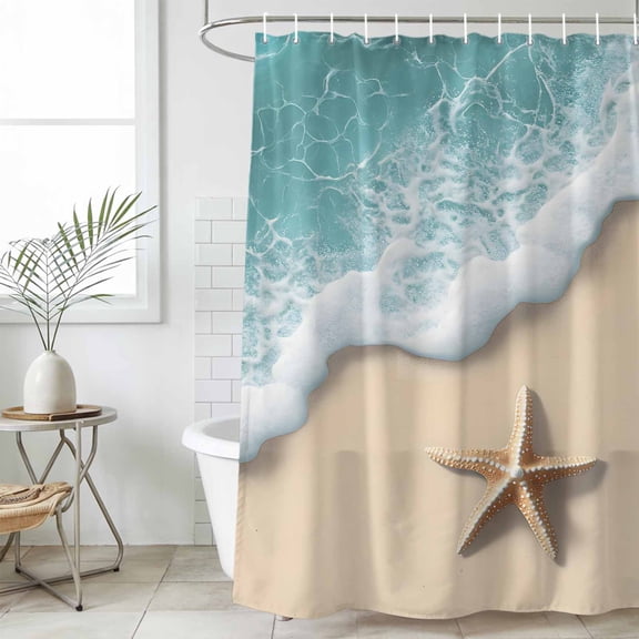 Beach Coastal Waterproof Shower Curtain, Extra Large 72"x96" Washable Polyester Fabric Shower Curtains for Bathroom, Summer Nautical Starfish Aqua Beige Decorative Bathtub Curtain Sets with Hooks