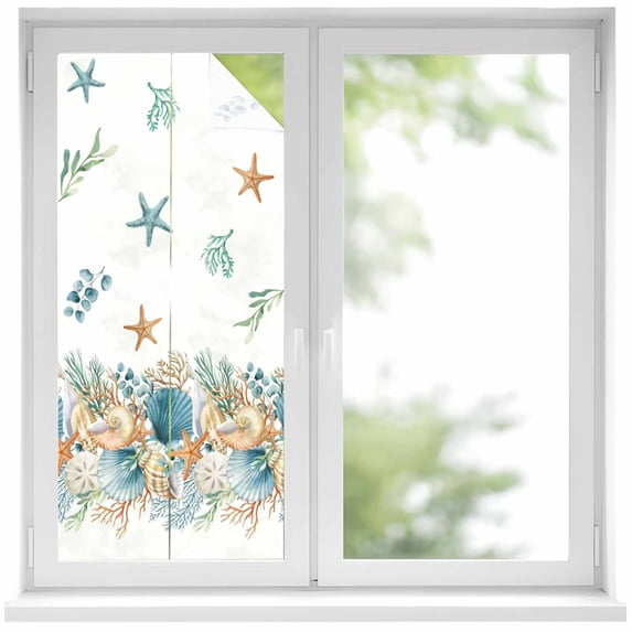 Beach Coastal Window Privacy Film, Nautical Shell Starfish Coral Summer Static Cling UV Sun Blocking Heat Control Window Tint Day and Night, Non-Adhesive One Way Windows Privacy Cover 17.7''x39.3''