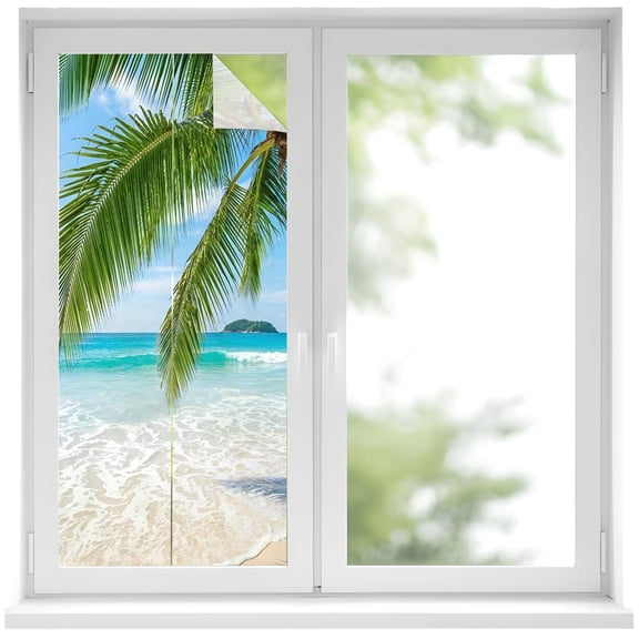 Beach Coastal Window Privacy Film, Starfish Palm Tree Sky Tropical Frosted Glass Window Clings Static Cling UV Heat Blocking Reusable Door Sticker for Bathroom 19.6 x 39.3 Inch