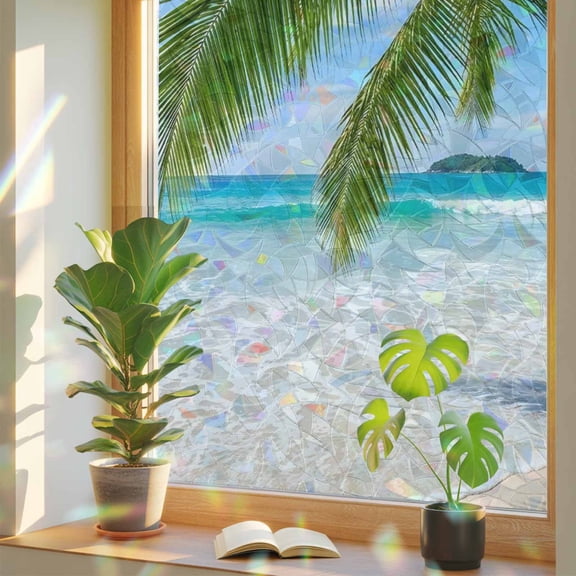 Beach Coastal Window Privacy Film, Starfish Palm Tree Sky Tropical Stained Glass Rainbow Film Decorative Window Clings, Static Cling Sun Blocking Stickers 17.7" x 39.3"