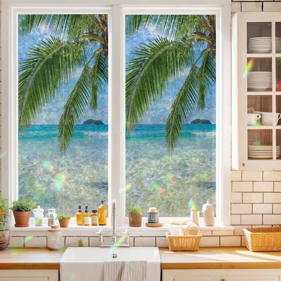 Beach Coastal Window Privacy Film Starfish Palm Tree Sky Tropical Static Cling Stained Glass Window Film Non-Adhesive Decorative Decals Rainbow Sticker 17.7"X39.3"