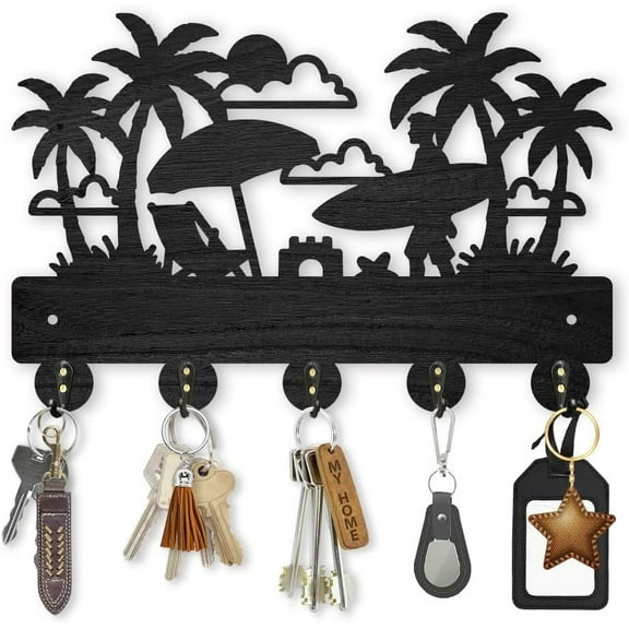 Beach Coat Hooks Wall Mount Summer Coconut Tree Wood Key Holder for Wall 11.87.9inch Black Wall Art Decor Key Hooks 5 Alloy Hooks for Gift Entryway Living Room Kitchen Office Black