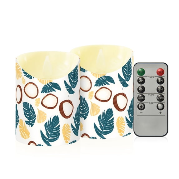 Beach Coconut Pattern Flameless Candles 2 PCS with Remote Realistic Moving Flame LED Tapered Pillar Set for Home Decor