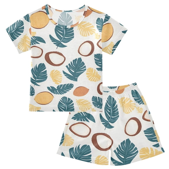 Beach Coconut Pattern Summer Pajama Set Soft Cotton Short Sleeve Sleepwear 2PCS Pajama Sets Breathable Lounge Set Size 10Y