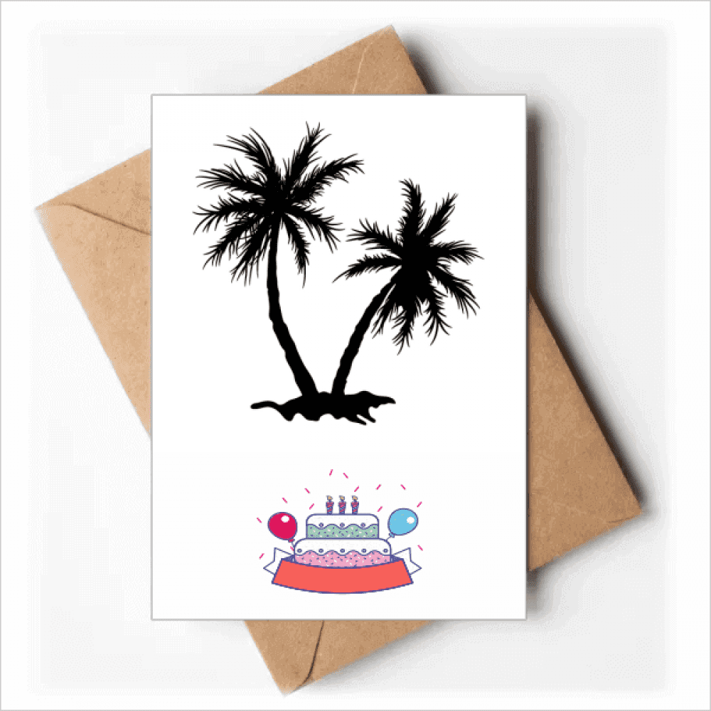 Beach Coconut Tree Black Outline Happy Birthday Greeting Cards Envelopes Blank