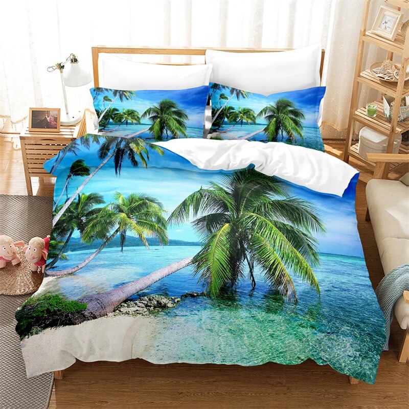 Beach Coconut Tree Duvet Cover Set Ocean Bedding Set Queen Size Bed