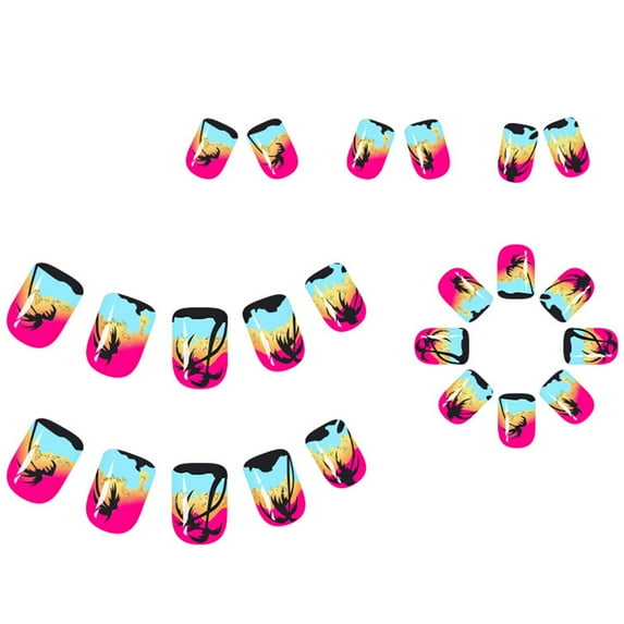 Beach Coconut Tree Press On Nails 24PCS Glossy Short Square Artificial Nails Easy To Apply For Any Occasion