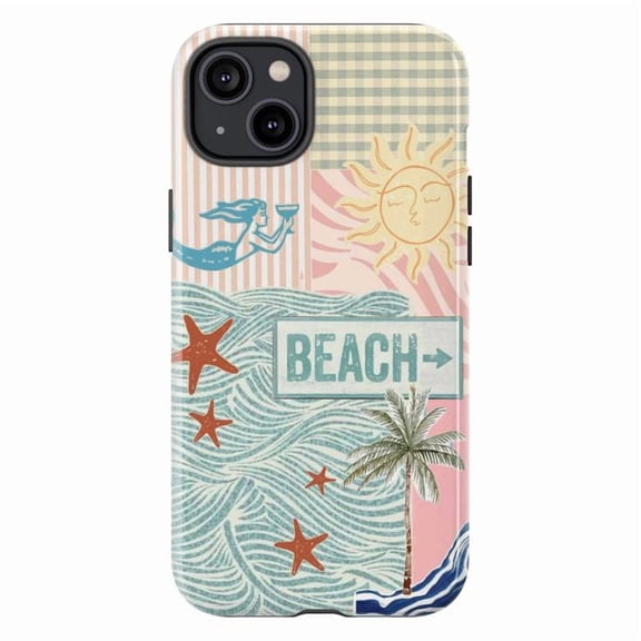 Beach Collage Phone Case, Vintage Mermaid Sun and Palm Tree Design iPhone Cover, Aesthetic Ocean Summer Vibes Case for iPhone 17 16 15 14 13 12 11 Plus Pro Max Mini