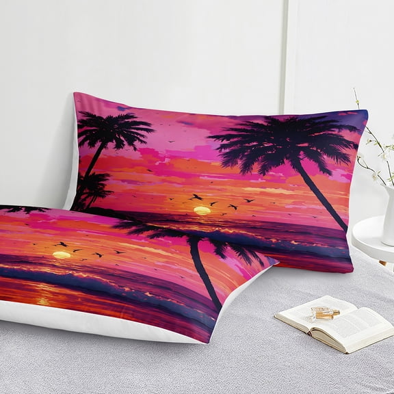 Beach Comforter Set Pink Sunset Bedding Set Palm Tree Sea Gull Ocean Tropical Bedroom Decor Hot Pink Coastal Comforter Set for All Season