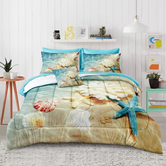 Beach Comforter Set with Sheet Coastal Bedding Blue Ocean Beach Themed Bedding Set King Bad in a Bag 8 Pcs Soft Microfiber Ocean Comforter All Season Bed Set 1 Comforter 4 Pillowcases 1 Flat Sheet 1