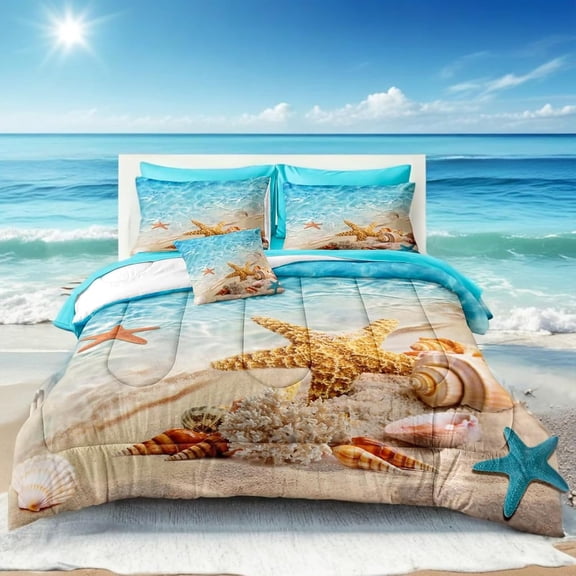 Beach Comforter Sets Queen Size 8 Pieces Beachy Bedding Set Turquoise Comforter Set with Sheets Beach Themed Bedding Ultra Soft Bed in a Bag Queen for All Season with Cushion Cover for All Season 1 C