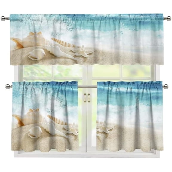 Beach Conch Kitchen Curtain Valance and Tiers Set Farmhouse Window Curtains Valance Window Decorations Living Room Curtains,24" Tier & Valance Set of 3