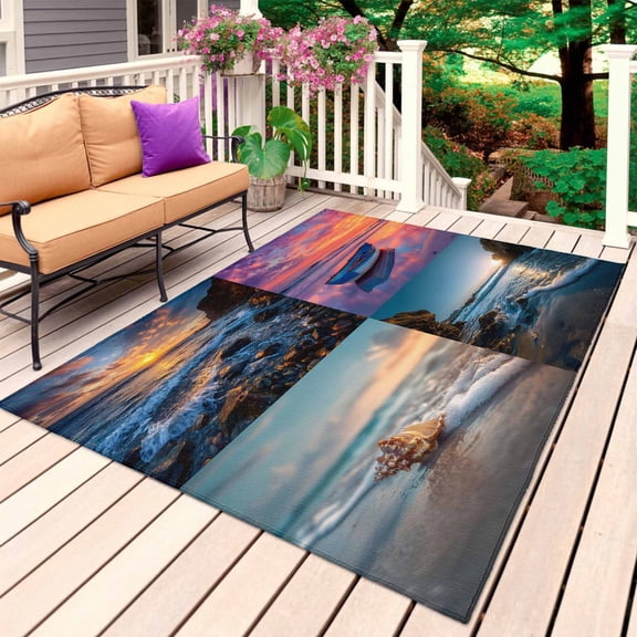 Beach Conch Outdoor Rug 4x6 Ft, Non Slip Washable Area Rug, Ocean Boat Pink Sunset Reef Coastal Seascape Patio Rugs Carpet Runner, Large Floor Mat for Indoor/Outdoor Deck Porch Camping