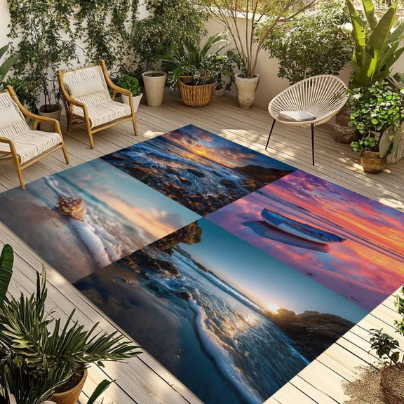 Beach Conch Outdoor Rug for Patio/Deck/Porch, Non-Slip Large Area Rug 6 x 9 Ft, Ocean Boat Pink Sunset Reef Coastal Seascape Indoor Outdoor Rugs Washable Area Rugs, Camping Rug Carpet Runner