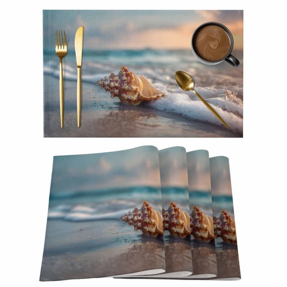 Beach Conch Placemats Set of 12 Sunset Ocean Waves Seaside Sky Seashell Place Mats Indoor Wipeable Table Mats Washable Cloth Dining Table Placemats for Kitchen Holiday Party Home Decor 13x19 Inch