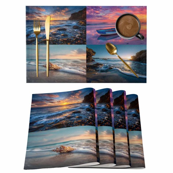 Beach Conch Placemats Set of 4, Ocean Boat Pink Sunset Reef Coastal Seascape Placemats for Dining Table, Place Mats for Kitchen Tabletop, Waterproof Wipeable Dining Table Mats Set