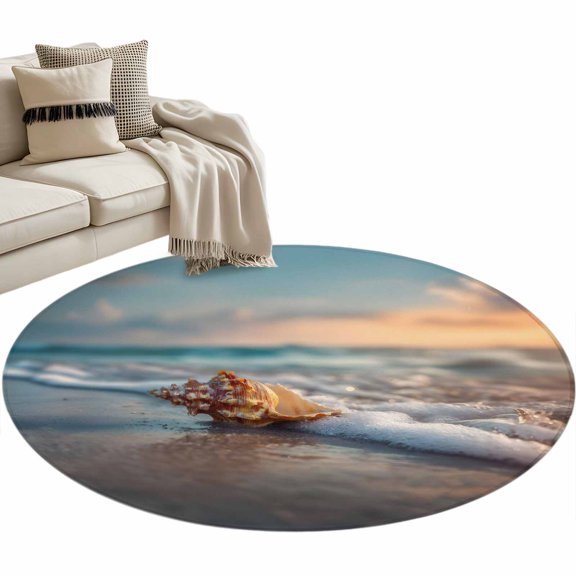 Beach Conch Round Area Rugs Collection 3', Sunset Ocean Waves Seaside Sky Seashell Non Slip Indoor Circular Throw Runner Rug Floor Mat Carpet for Living Room Dining Table Bedroom Nursery
