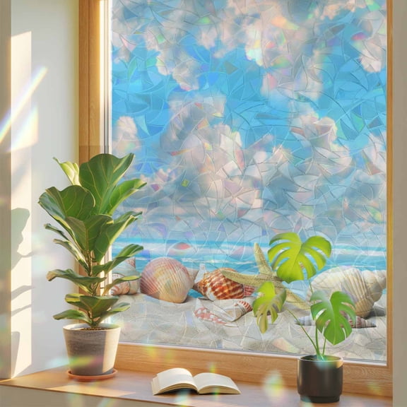 Beach Conch Shells Summer Ocean Nautical Window Privacy Film, Rainbow Film Decorative Window Sticker 17.7x39.3in, Blue Sky White Clouds Sun Blocking Static Stained Glass Cling Tint Non-Adhesive