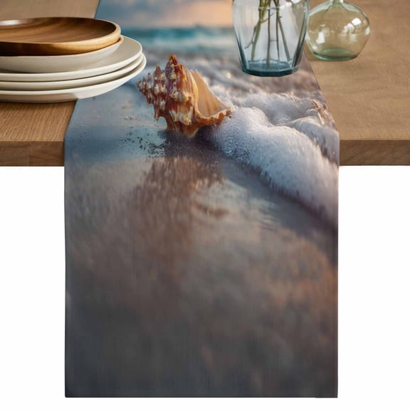 Beach Conch Table Runner 48 Inches, Sunset Ocean Waves Seaside Sky Seashell Bed Runner Dresser Scarves Tabletop for Indoor Outdoor Parties/Ceremony/Banquet, 13" x 48"