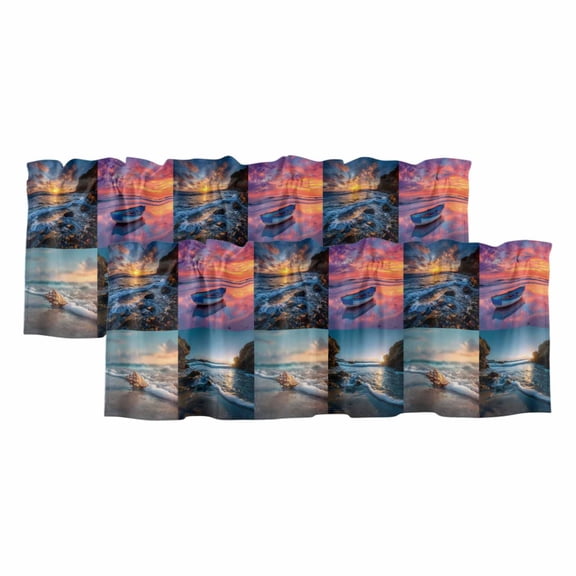 Beach Conch Valances for Windows, Decorative Rod Pocket Window Valance Curtains, Ocean Boat Pink Sunset Reef Coastal Seascape Short Curtain Drapes for Kitchen/Living Room, 2 Panels, 42" W x 12" L