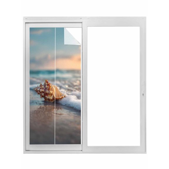 Beach Conch Window Privacy Film, Sunset Ocean Waves Seaside Sky Seashell Static Cling UV Sun Blocking Tint Film Heat Control Windows Films for Bedroom Bathroom, Window Stickers 17.7"x39.3"
