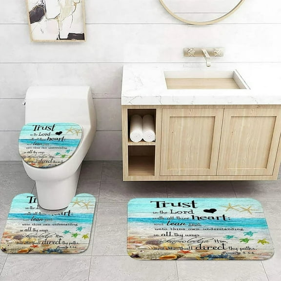 Beach Contour Mat and Toilet Lid Cover Sets, Coastal Ocean Theme Quote with Sea Turtle Shower Mats Bath Rug, Bible Verse Inspirational Quotes Bathroom Accessories