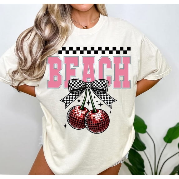 Beach Coquette T-Shirt, Pink Summer Cherry Tee, Retro Girly Summer Shirt, Cute Coquette Aesthetic Outfit, Trendy Beach Graphic Tee