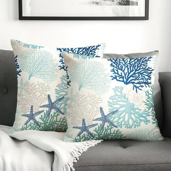 Beach Coral Pillow Covers 18x18 Set of 2 Summer Coastal Throw Pillow Cases Standard Size Blue Ocean Pillowcases Seashell Starfish Beach Cushion Covers Linen Pillow Protector for Couch Bed Sofa