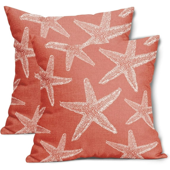 Beach Coral Starfish Pillow Covers 16X16 Inch Summer Nautical Coastal Ocean Decorative Pillow Cases Set of 2 Cotton Linen Throw Pillows Seasonal Home Decor for Sofa Couch Cushion Outdoor