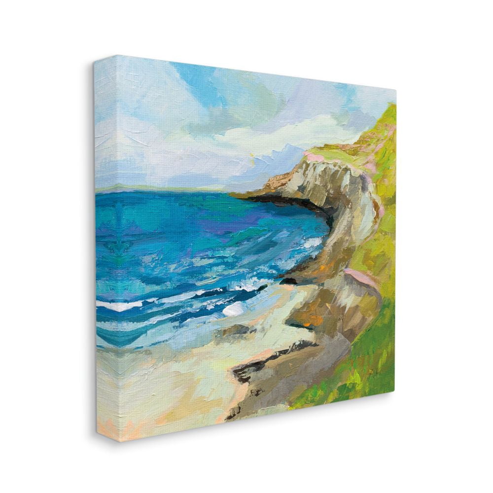 Beach Cove and Cliff Abstract Waves Blue Green Painting Landscape Gallery-Wrapped Canvas Print Wall Art, 17x17