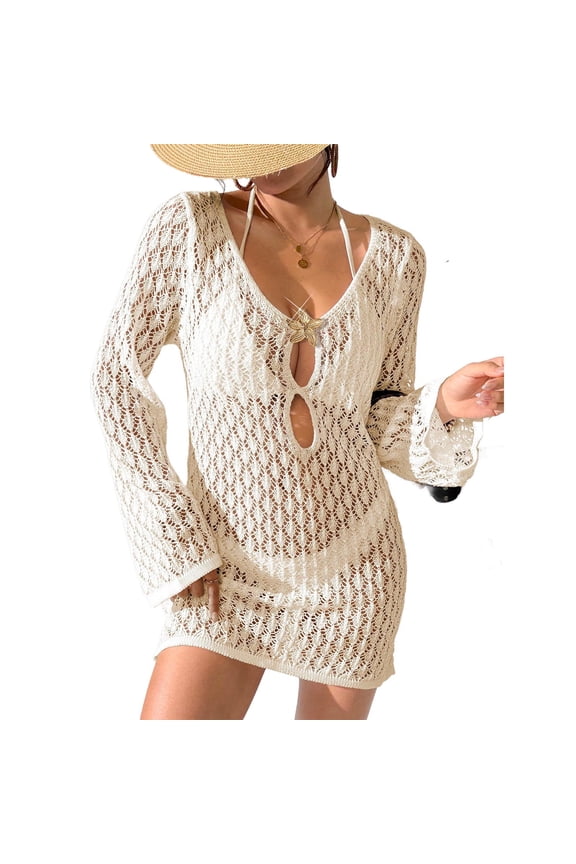 Beach Cover Up Knit Crochet Long Sleeve Swim Suit Coverup Off Shoulder Cutout Swimsuit Cover Ups for Women