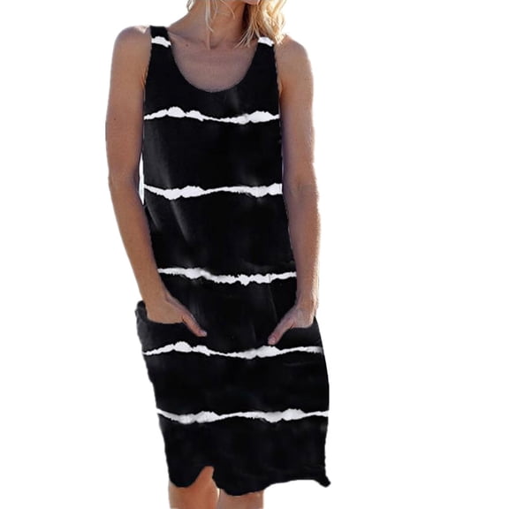 Beach Cover Up Tunic Dress for Womens Baggy Stripe T-shirt Sundress Swimsuit Bikini Bathsuit Cover Up Sleeveless Dress with Pocket