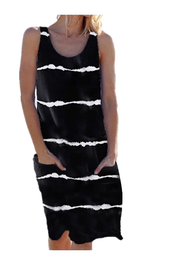 Beach Cover Up Tunic Dress for Womens Baggy Stripe T-shirt Sundress Swimsuit Bikini Bathsuit Cover Up Sleeveless Dress with Pocket