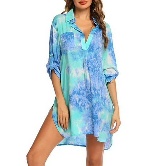 Beach Cover-Up V-Neck Shirt with Bikini-Friendly Design, Long Sleeve Swimwear Top in Quick-Dry Fabric for Poolside & Resort Wear,Sky Blue 3XL