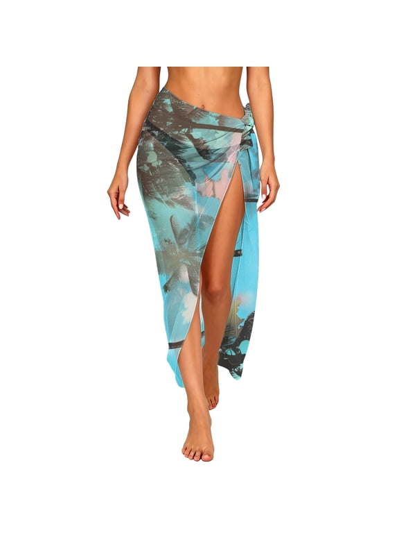 Beach Cover Up Womens Sarong Pareo Wraps Bikini Chiffon Swimsuit Swimwear Coverups Vacation Hawaiian Outfits, Light Blue|Tree