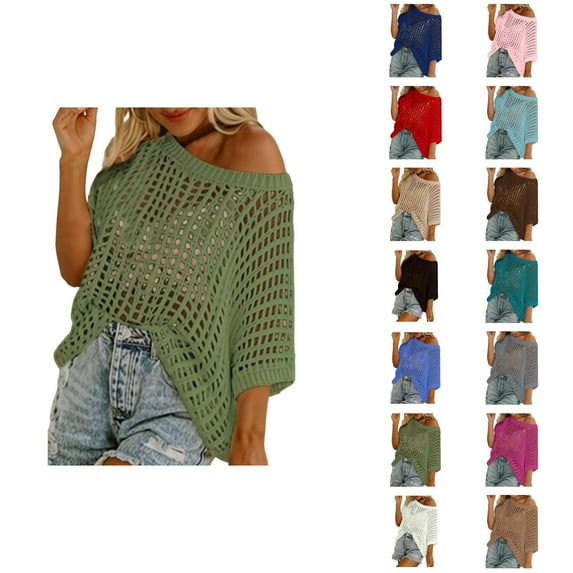 Beach Cover Up for Women 2025 Short Sleeve Hollow Out Pull On Knitted Summer Cover Up Sweater T Shirts