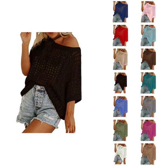 Beach Cover Up for Women 2025 Short Sleeve Hollow Out Pull On Knitted Summer Cover Up Sweater T Shirts