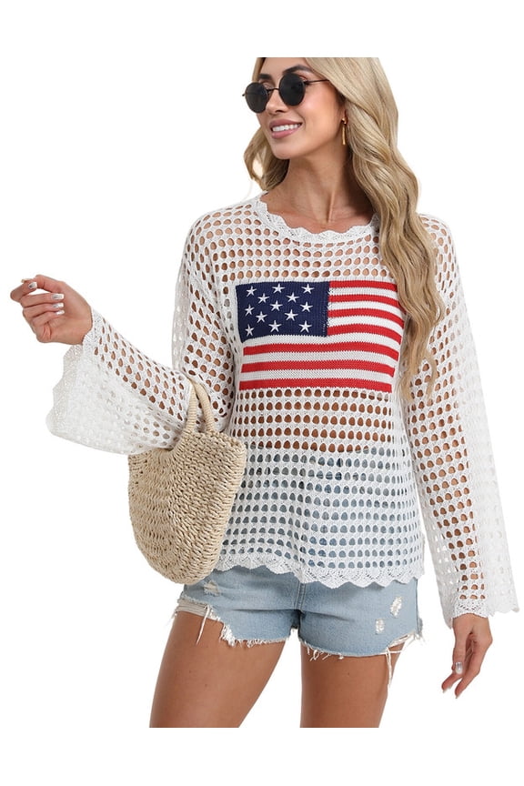 Beach Cover Up for Women 4Th of July American Flag Mesh Crochet Swimsuit Cover Up Long Sleeve Blouses Tops