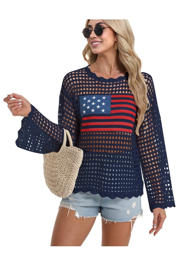 Beach Cover Up for Women 4Th of July American Flag Mesh Crochet Swimsuit Cover Up Long Sleeve Blouses Tops