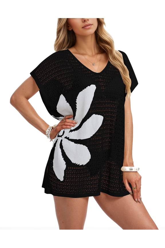 Beach Cover Up for Women Crochet Mesh Swim Cover Up V Neck Batwing Side Slit Oversized Floral Bathing Suit Cover Up