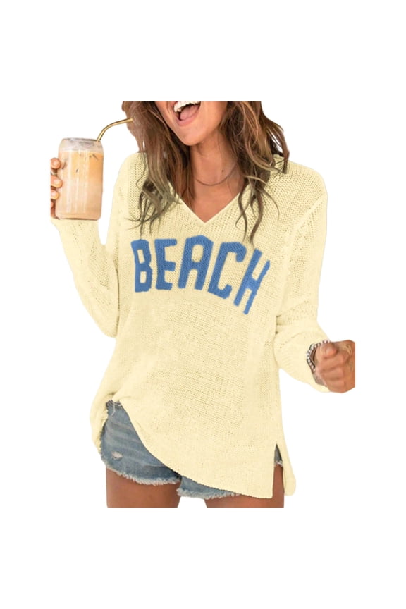 Beach Cover Up for Women Letter Print Long Sleeve Sweater Crochet Tops Shirts Casual V Neck Split Hem Pullover