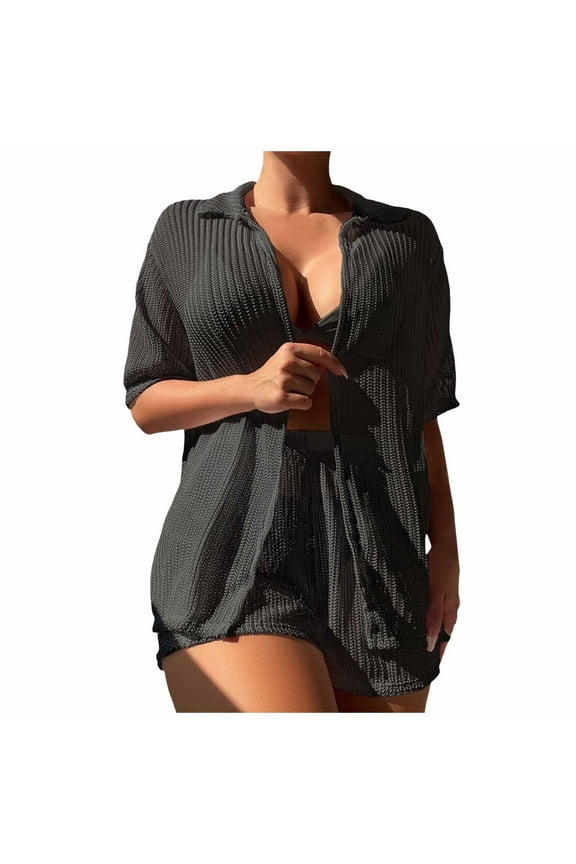 Beach Cover Ups For Women 2 Piece Set Short Sleeve Open Front Kimono Coverup With Shorts Lightweight Cover-Ups Black