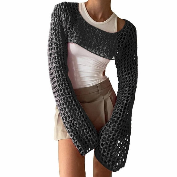 Beach Cover Ups For Women Women'S Sexy European And American Cutout Knitwear Solid Color Crew Neck Long Sleeve Knitwear Blouse Black Loose Casual Resort Wear S