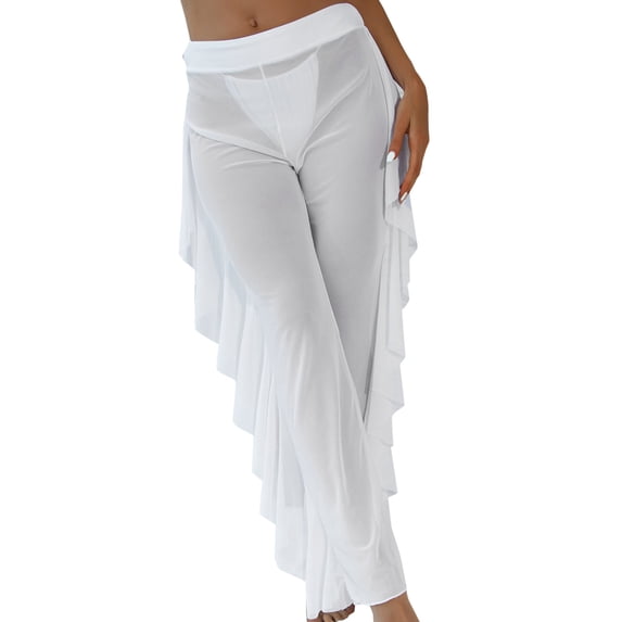 Beach Cover Ups Mesh Ruffle Trim Pants Wrap Bikini Shiny Wraps Vacation Clothes White