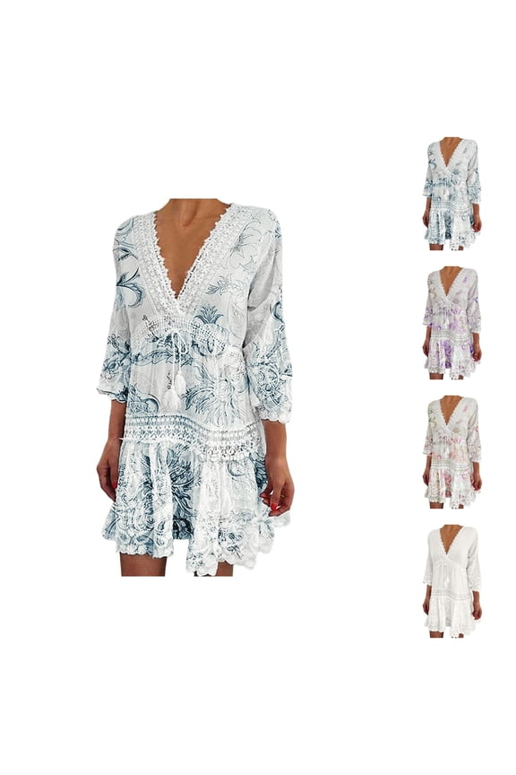 Beach Cover Ups for Women Beach Coverups for Women 2025 Trendy Women's V Neck Jacquard Quarter Sleeve Bohemian Floral Cover-Up Dress for Beach and Resort Wear