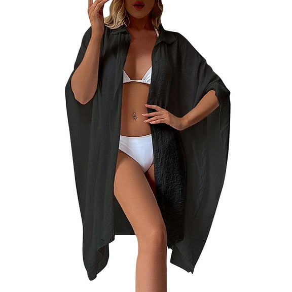 Beach Cover Ups For Women Ladies Summer Solid Slub Cotton Shirt Loose Beach Cardigan Holiday Sunscreen Bikini Smock Swimsuit Cardigan Black Summer Beach Cardigan A