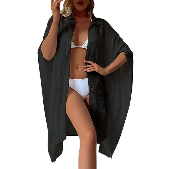 Beach Cover Ups For Women Ladies Summer Solid Slub Cotton Shirt Loose Beach Cardigan Holiday Sunscreen Bikini Smock Swimsuit Cardigan Black Summer Beach Cardigan A