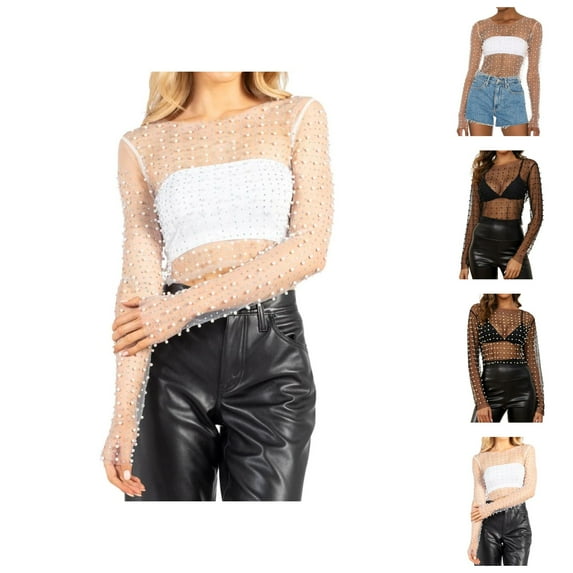 Beach Cover Ups for Women Plus Size Swimsuit Cover Up Stylish Women Pearl Rhinestone Sheer Mesh Crop Top Sexy See Through Long Sleeve Slim Fit Blouse for Clubwear and Beach Outfits