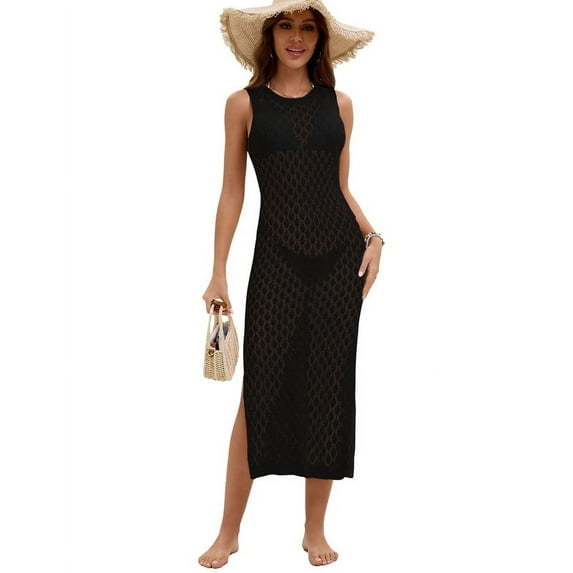 Beach Cover Ups for Women 2025 Crewneck Tank Strap Swimsuit Cover Up Sexy Side Split Hem Swim Cover Ups Shermie