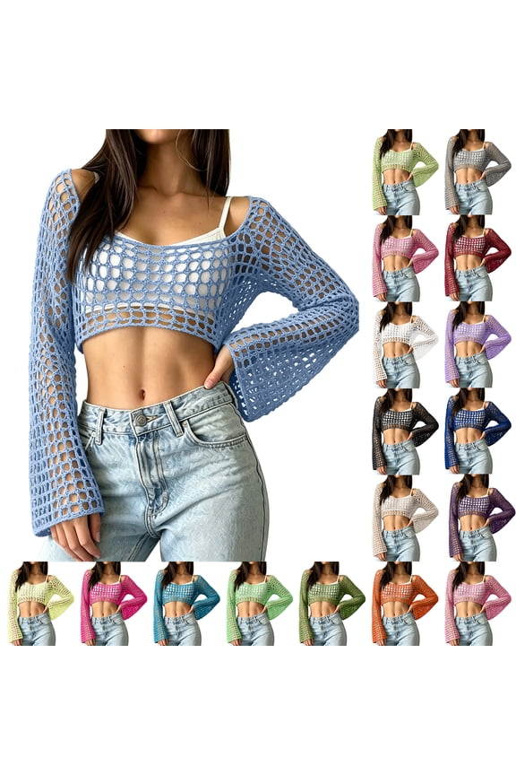 Beach Cover Ups for Women, Mesh Crochet Crop Top Long Sleeve Hollow Out Cropped Knit Sweater Bikini Beach See Through Cover Ups Pink M